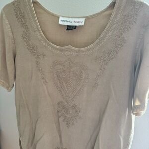 Vintage Marshall Rousso Embroidered Short Sleeve Tee - Washed Tan - Small